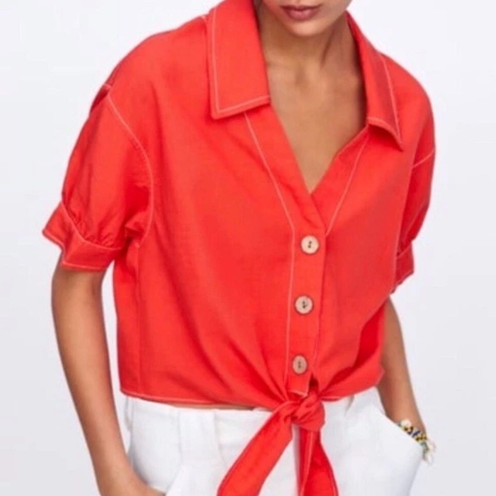 Zara Button-Front Tie-Waist Orange Crop Top Size M